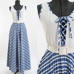 Vintage 1970s XS Blue White Corset Tie Bodice Sleeveless Maxi Dress